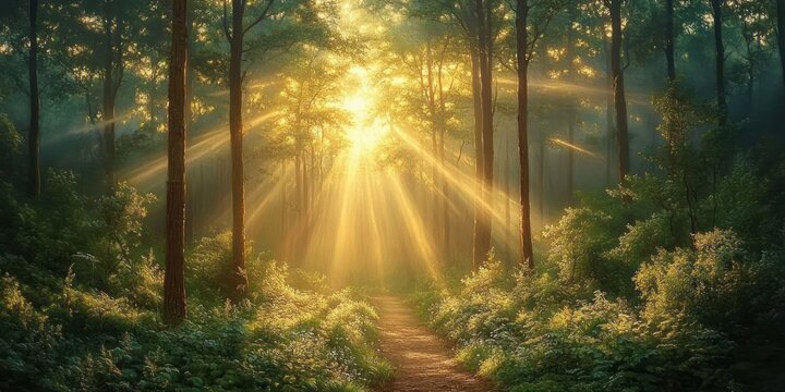 Misty forest path bathed in golden morning sunbeams streaming through tall trees, lush green undergrowth and a serene, magical atmosphere