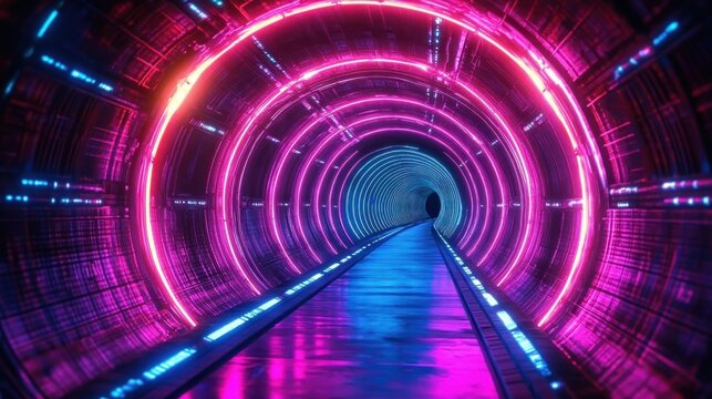 neon-lit circular tunnel with glowing pink and blue concentric rings and reflective walkway, a futuristic mysterious immersive corridor - Powered by Adobe