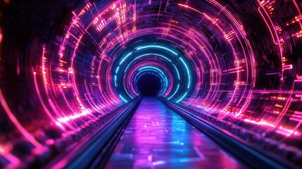 futuristic neon tunnel with concentric glowing rings, illuminated rails and reflective floor in pink and blue, evoking mystery and exhilaration