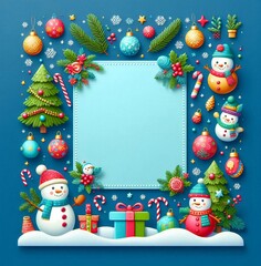3D Christmas wreath frame featuring cheerful snowmen, candy canes, and colorful baubles against a bright blue background