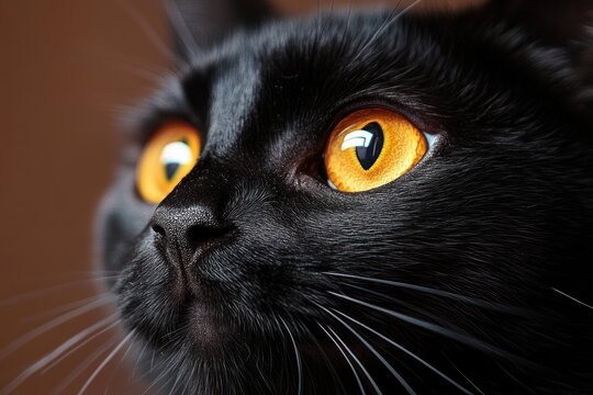 close-up portrait of a black cat with glowing golden eyes, glossy fur and an alert curious expression - Powered by Adobe
