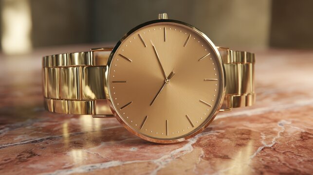 Elegant Gold Wristwatch with Minimalist Design on Marble Surface