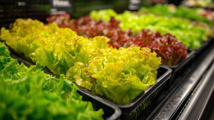 A vibrant selection of lettuce types is neatly arranged on shelves in a grocery store. The lush greens, reds, and yellows highlight the freshness and variety available for customers.