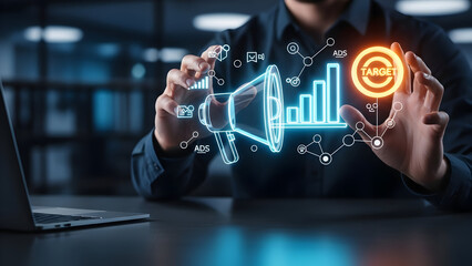 Businessman hands interacting with a futuristic glowing digital marketing hologram featuring megaphone and target icons symbolizing advertising strategy and growth
