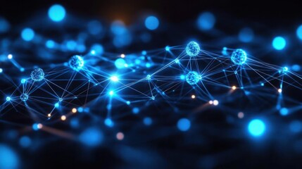 glowing blue network of interconnected nodes, floating spheres, and connecting lines over a dark background conveying futuristic energy and connectivity