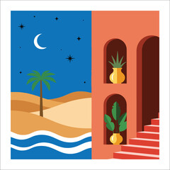 Desert landscape with palm tree and moon at night next to arched building sand dunes
