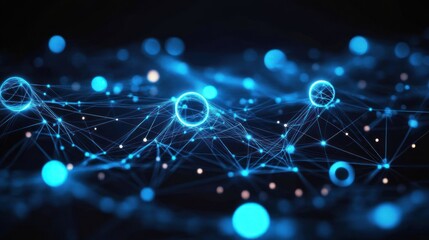 glowing blue spheres and interconnected web of lines and points on a dark field, evoking a futuristic, mysterious sense of digital connectivity and motion