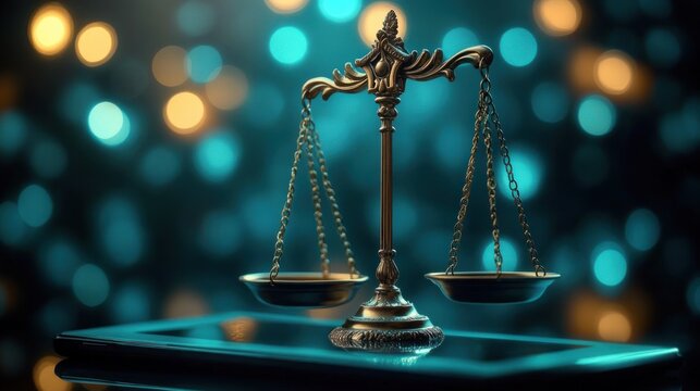 ornate brass scales of justice resting on a digital tablet against teal and gold bokeh lights, elegant symbolic scene conveying balance, contemplation, and calm judgment