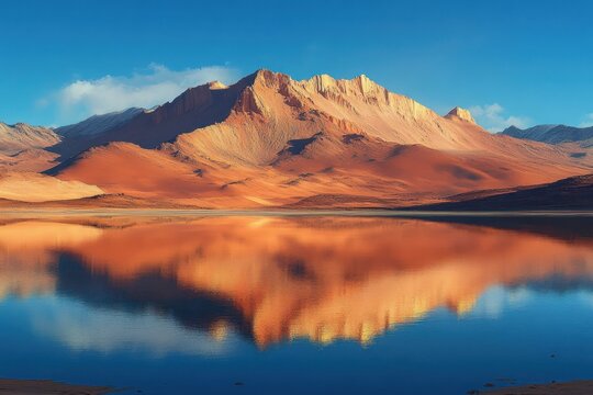 Sunlit rugged mountain range and orange desert slopes reflected in a calm blue lake under a clear sky, serene and majestic landscape