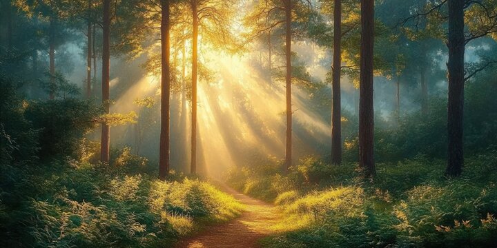 Golden morning sunbeams filtering through tall pines onto a winding forest path with misty undergrowth, creating a tranquil, magical and serene atmosphere
