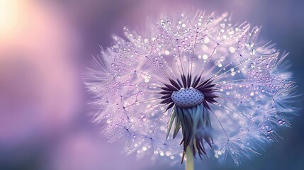 close-up of a dandelion seed head with shimmering dew droplets on delicate seeds against a soft pastel bokeh background, serene and dreamy mood