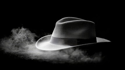 A classic fedora hat sits on a dark surface, partially obscured by wisps of smoke, illuminated by dramatic side lighting against a black background.
