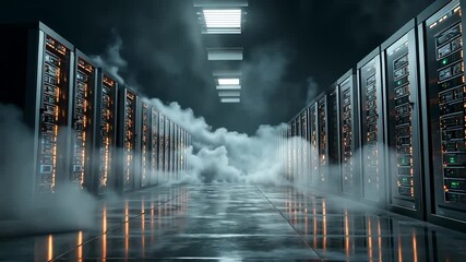 Modern Data Center with Server Racks and Mist in a High-Tech Environment - Powered by Adobe