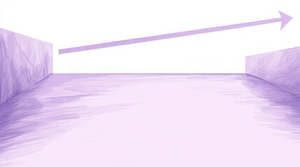 Minimal pastel purple open platform flanked by low walls with a rising diagonal arrow overhead, evoking calm optimism and forward momentum