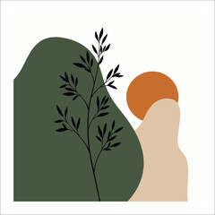 Abstract minimalist landscape with plant silhouette and sun Keywords: abstract, minimalist