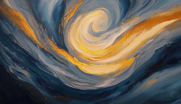 textured swirling blue and gold oil brushstrokes forming a luminous spiral vortex, dynamic movement with calming warm and cool contrast