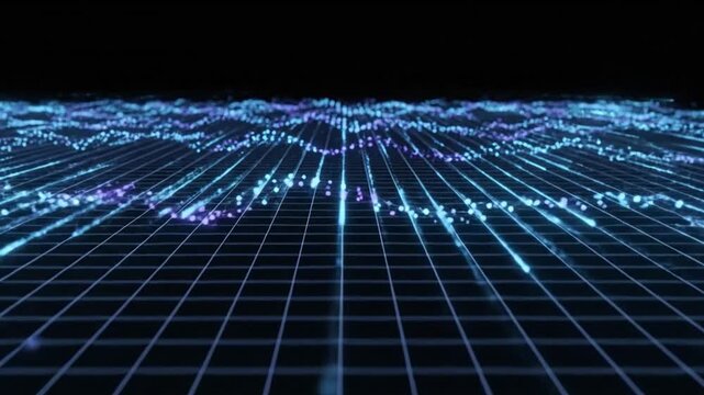 Futuristic AI data flows through dark tech grid, connecting innovation concepts
