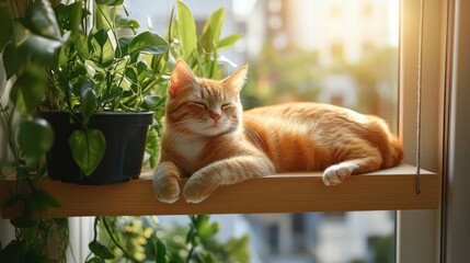 ginger tabby cat peacefully sleeping on a wooden windowsill beside potted green plants in warm sunlit morning, cozy relaxed content mood