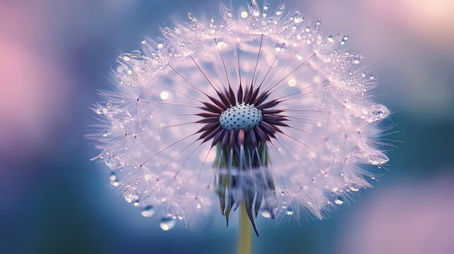 delicate dandelion seed head with sparkling water droplets and pastel bokeh background, dreamy serene morning dew close-up - Powered by Adobe