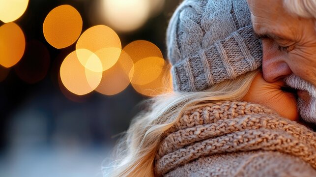 An intimate close-up of an elderly couple embracing outdoors, with warm bokeh lights in the background, conveying affection and comfort. - Powered by Adobe