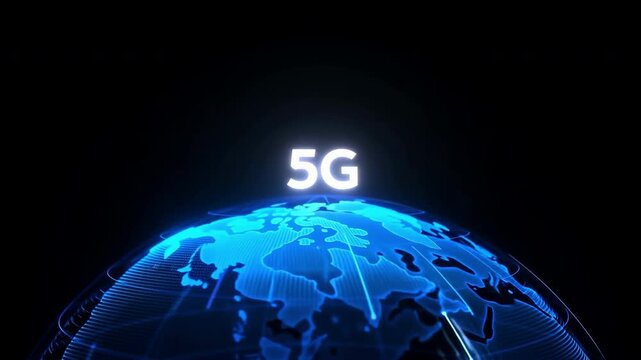 Futuristic 5G text glowing over rotating blue digital earth globe representing global network connectivity - Powered by Adobe