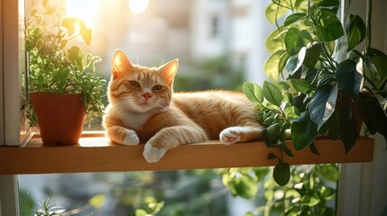Orange tabby cat lounging on a sunlit windowsill among green potted plants, warm golden light and a peaceful content expression