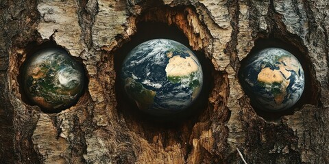 Three earth spheres nestled in hollow tree bark with rough textured wood, evoking fragility, protection and a surreal environmental mood