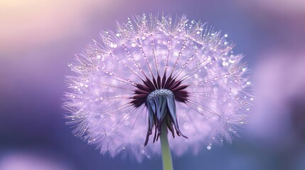 Close-up of a dew-covered dandelion seed head with glistening droplets, delicate filaments and a soft purple bokeh background evoking a serene, dreamy mood