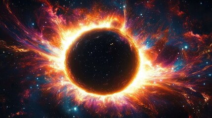 Dark celestial sphere surrounded by a blazing fiery ring and vivid nebula plumes against a star-filled space backdrop, dramatic and awe-inspiring cosmic energy