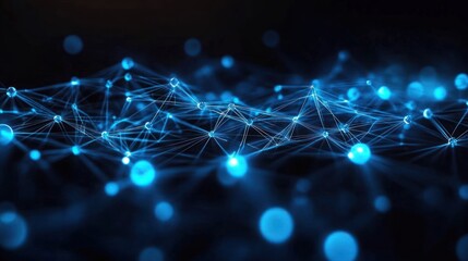 glowing blue nodes and interconnected lines over a dark background with floating bokeh spheres, evoking a futuristic, mysterious and energetic digital network
