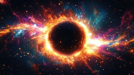 Awe-inspiring dark cosmic void ringed by a blazing fiery accretion disk, vibrant blue and purple nebula streams and scattered glowing stars