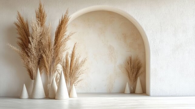 Serene minimalist interior with arched alcove, textured plaster wall and cone ceramic vases holding tall dried pampas grass in neutral beige tones - Powered by Adobe