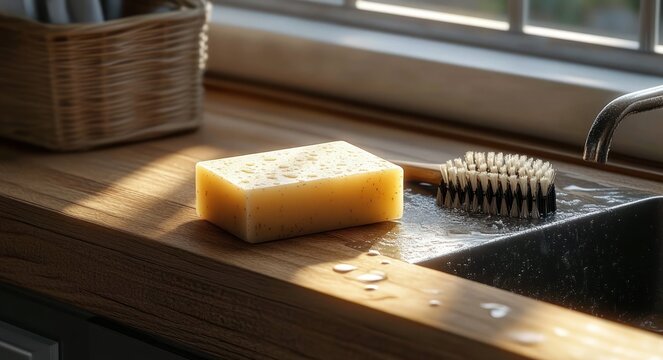 Warm sunlit sink scene with a wet bar of soap, scrubbing brush and water droplets on a wooden countertop by a window and wicker basket, peaceful domestic mood