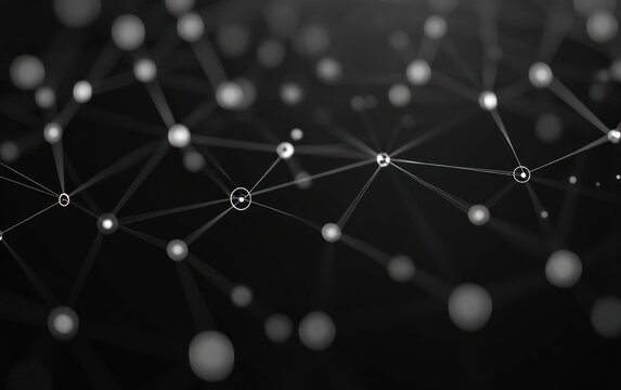 monochrome network of glowing nodes and thin connecting lines floating in dark space, sleek futuristic and mysterious atmosphere