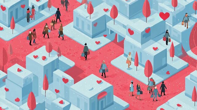 Isometric Love City Snow Day Shopping Rush