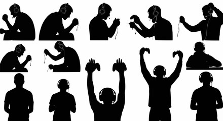 Silhouettes of people playing video games with controllers and headphones. © holik