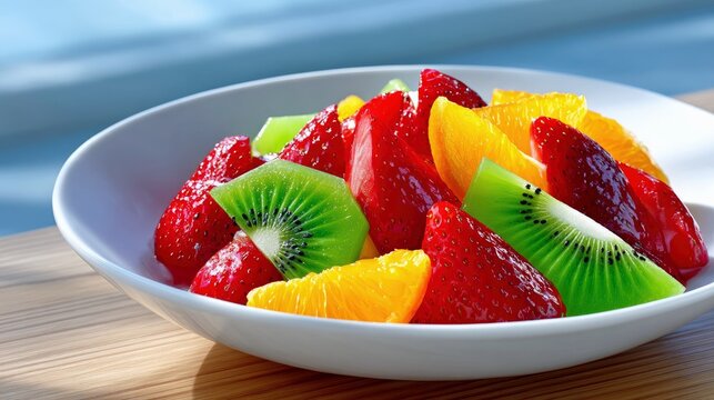 A white bowl filled with colorful fresh fruit salad, including strawberries, kiwi slices, and orange segments, sits on a wooden surface outdoors with bright sun