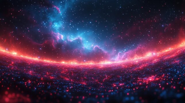 vibrant cosmic seascape of glowing magenta and blue nebula with a curved radiant horizon and sparkling starfield evoking wonder and awe