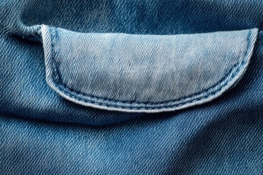 close-up of faded blue denim pocket flap with visible stitching, seams, folds and textured worn fabric conveying a rugged casual feel