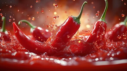 several glossy red chili peppers splashing into a pool of spicy red sauce with energetic droplets and a fiery glowing background evoking intense heat