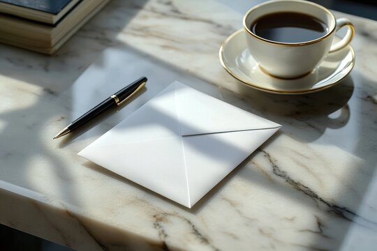 white envelope on marble tabletop with black and gold pen, porcelain cup of coffee on saucer and stacked books in warm sunlight and soft shadows, calm reflective mood - Powered by Adobe