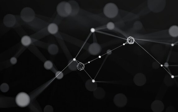 Interconnected glowing nodes and wireframe spheres linked by thin lines on a dark background with soft bokeh circles, conveying a futuristic and mysterious digital network