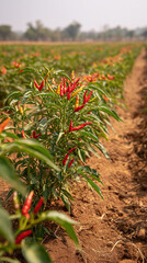 Fototapeta premium Chili pepper plants thrive in a sunny field, displaying clusters of red and green peppers. The lush greenery contrasts with the brown soil and clear blue sky, creating a vibrant agricultural scene.