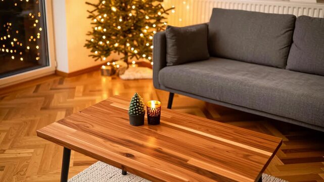Cozy living room wooden coffee table with candle and candlelight, small plant succulent by gray sofa, Christmas tree holiday lights warm glow