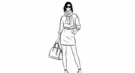 Fashionable Woman Standing Confidently with Handbag and Scarf.