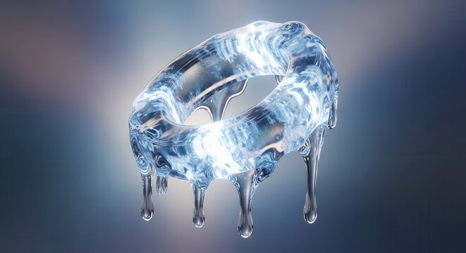 Translucent toroidal shape formed from melting ice drips downward against a muted background - Powered by Adobe
