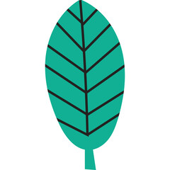 Simple Stylized Teal Leaf With Black Veins On Transparent Background Minimalist Botanical Illustration