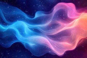 ethereal blue and pink flowing translucent ribbons drifting across a starry cosmic background with glowing particles, soft gradients and a serene dreamy sense of wonder