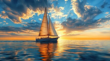 sailboat gliding on calm sea at golden sunset with dramatic clouds and reflective water, evoking serene peacefulness and freedom