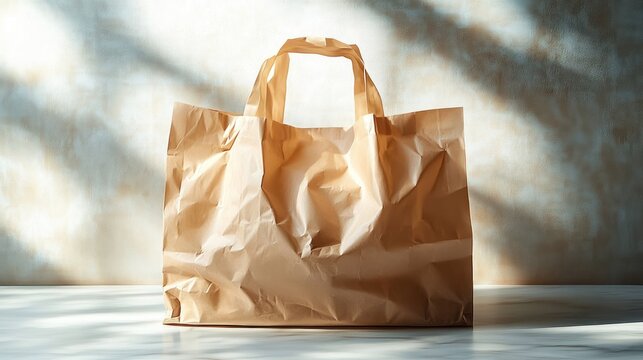 Crumpled brown paper shopping bag with handles on a tabletop against a textured wall lit by warm sunlight and soft leaf shadows, serene mood